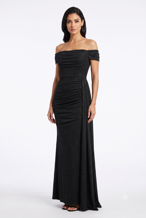Off-Shoulder Draped Cowl Neckline Ruched Bodice Sheath Slit Floor-Length Evening Gown by CT-2694