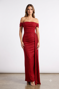 Off-Shoulder Draped Cowl Neckline Ruched Bodice Sheath Slit Floor-Length Evening Gown by CT-2694