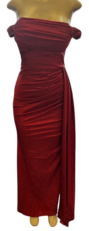 Off-Shoulder Draped Cowl Neckline Ruched Bodice Sheath Slit Floor-Length Evening Gown by CT-2694