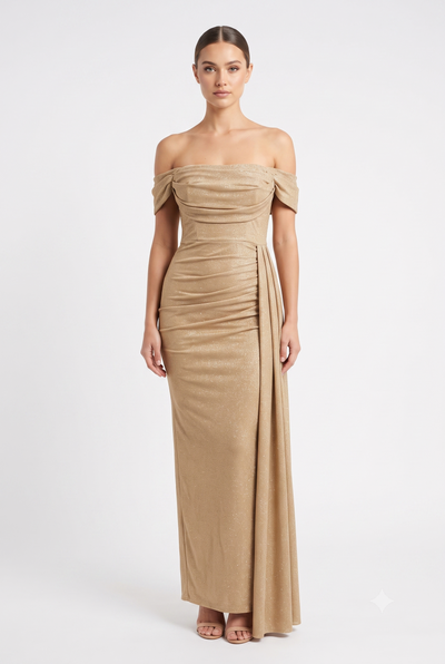 Off-Shoulder Draped Cowl Neckline Ruched Bodice Sheath Slit Floor-Length Evening Gown by CT-2694