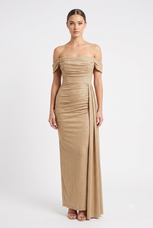 Off-Shoulder Draped Cowl Neckline Ruched Bodice Sheath Slit Floor-Length Evening Gown by CT-2694