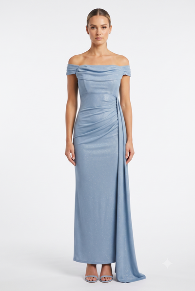 Off-Shoulder Draped Cowl Neckline Ruched Bodice Sheath Slit Floor-Length Evening Gown by CT-2694