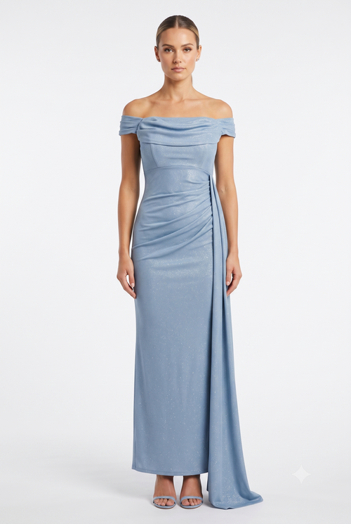 Off-Shoulder Draped Cowl Neckline Ruched Bodice Sheath Slit Floor-Length Evening Gown by CT-2694