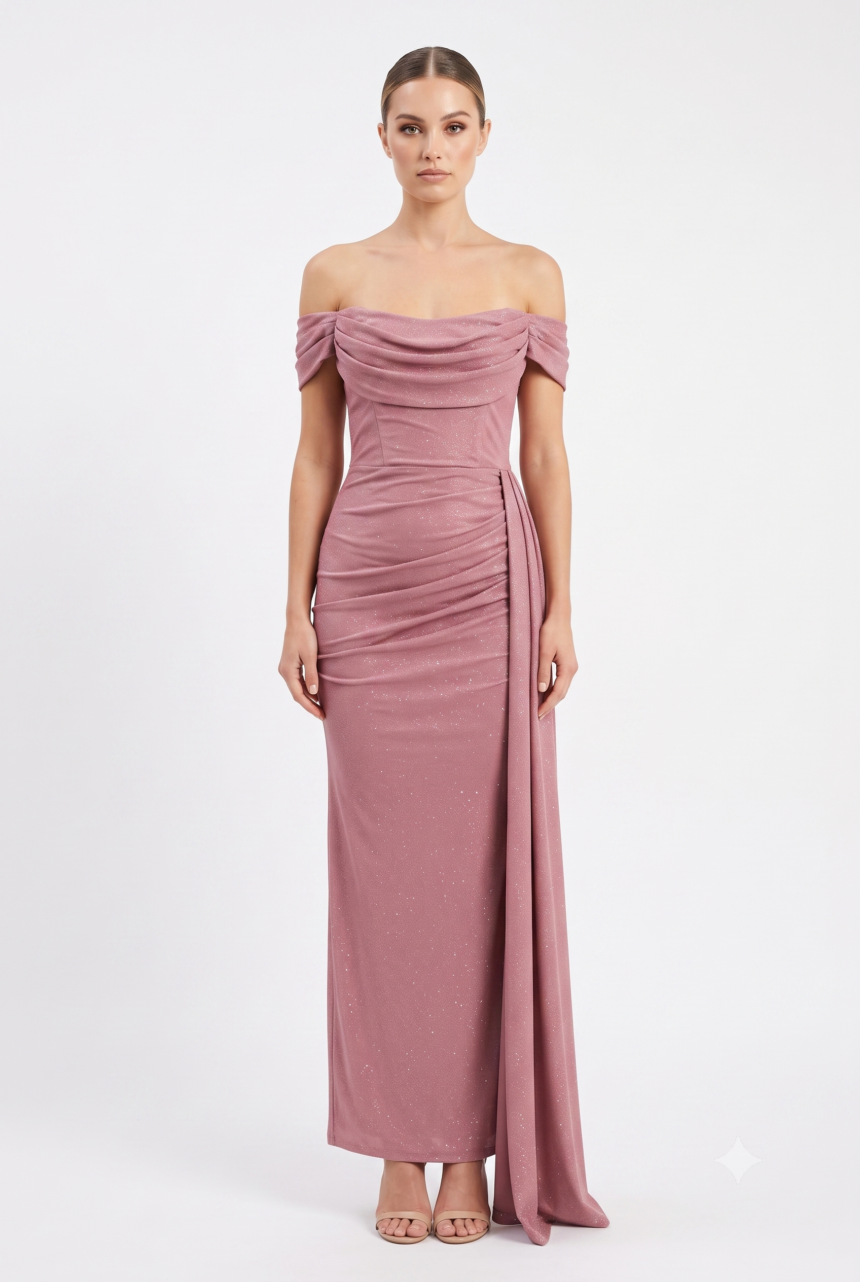 Off-Shoulder Draped Cowl Neckline Ruched Bodice Sheath Slit Floor-Length Evening Gown by CT-2694