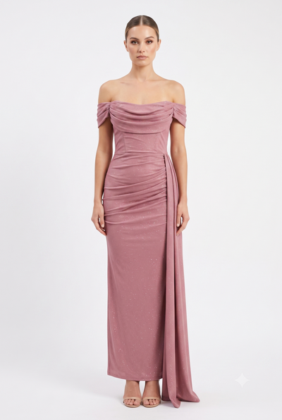 Off-Shoulder Draped Cowl Neckline Ruched Bodice Sheath Slit Floor-Length Evening Gown by CT-2694