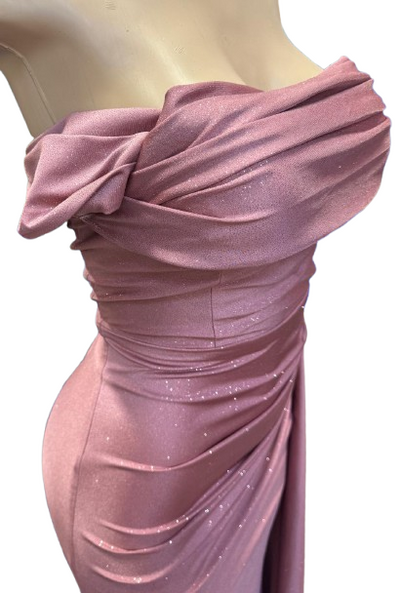 Off-Shoulder Draped Cowl Neckline Ruched Bodice Sheath Slit Floor-Length Evening Gown by CT-2694
