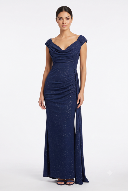 Off-Shoulder Draped Cowl Neckline Ruched Bodice Sheath Slit Floor-Length Evening Gown by CT-2694