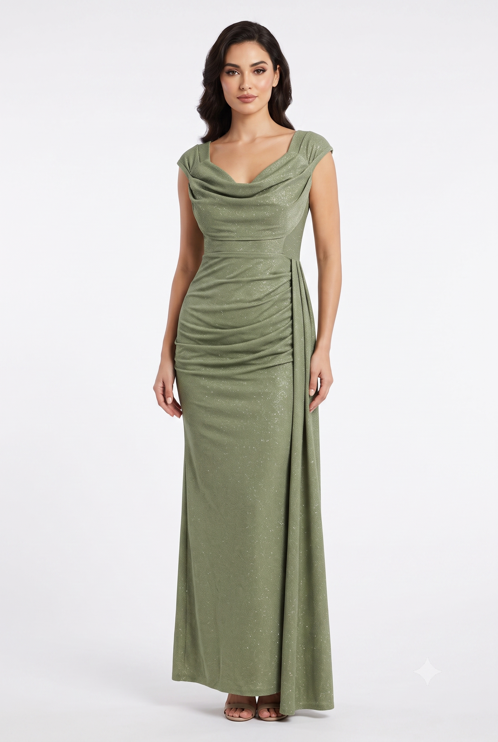 Off-Shoulder Draped Cowl Neckline Ruched Bodice Sheath Slit Floor-Length Evening Gown by CT-2694