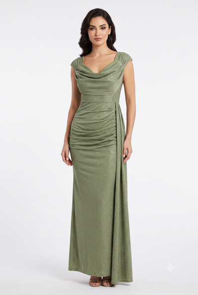 Off-Shoulder Draped Cowl Neckline Ruched Bodice Sheath Slit Floor-Length Evening Gown by CT-2694