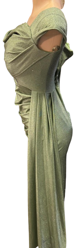 Off-Shoulder Draped Cowl Neckline Ruched Bodice Sheath Slit Floor-Length Evening Gown by CT-2694