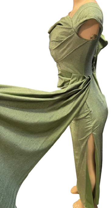 Off-Shoulder Draped Cowl Neckline Ruched Bodice Sheath Slit Floor-Length Evening Gown by CT-2694