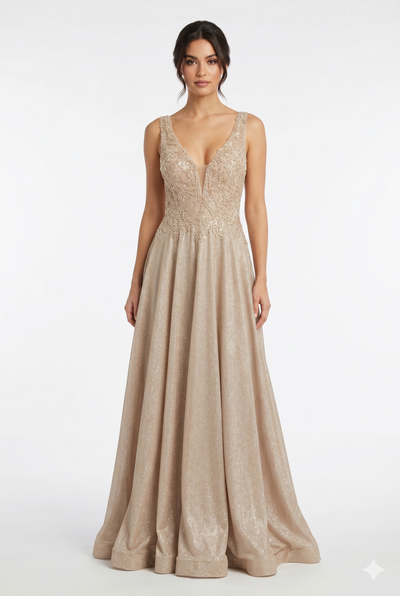 Beaded Lace Prom Gown with Illusion Neckline and Cap Sleeves A-Line Evening Dress by CT-2698