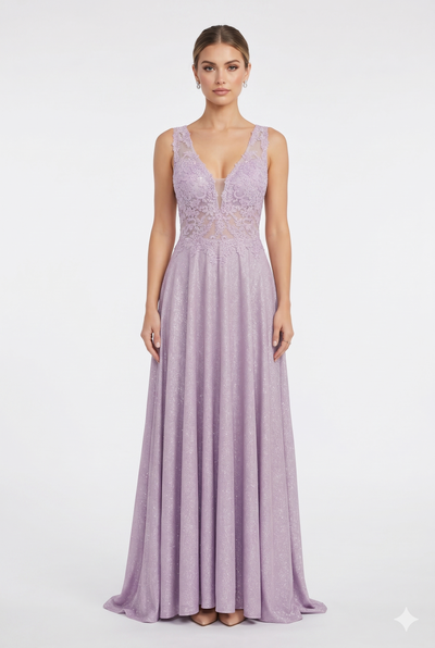 Beaded Lace Prom Gown with Illusion Neckline and Cap Sleeves A-Line Evening Dress by CT-2698