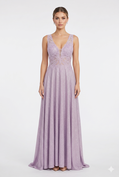 Beaded Lace Prom Gown with Illusion Neckline and Cap Sleeves A-Line Evening Dress by CT-2698