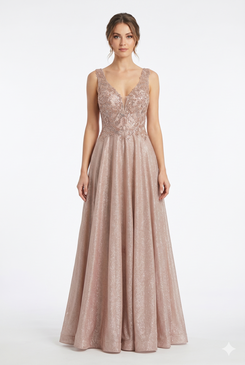 Beaded Lace Prom Gown with Illusion Neckline and Cap Sleeves A-Line Evening Dress by CT-2698
