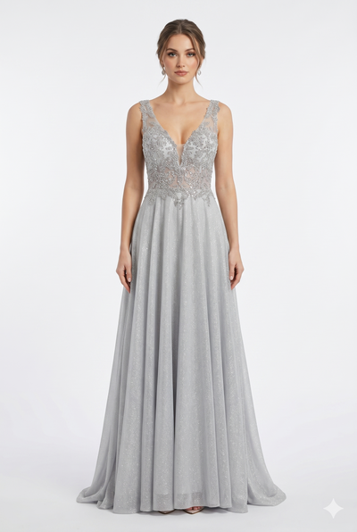 Beaded Lace Prom Gown with Illusion Neckline Sleeveless A-Line Evening Dress by CT-2698