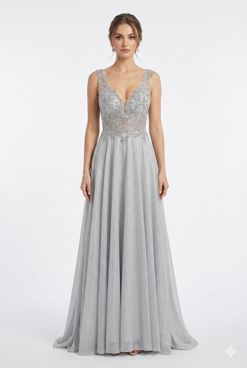 Beaded Lace Prom Gown with Illusion Neckline Sleeveless A-Line Evening Dress by CT-2698