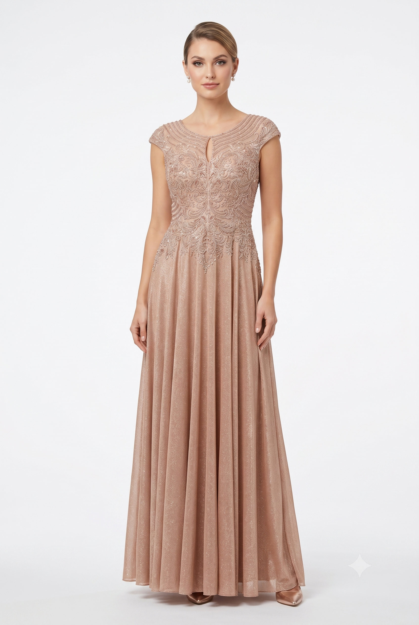Beaded Lace Cap Sleeve Illusion Neckline Floor Length A-Line Formal Dress with by Ct-2706