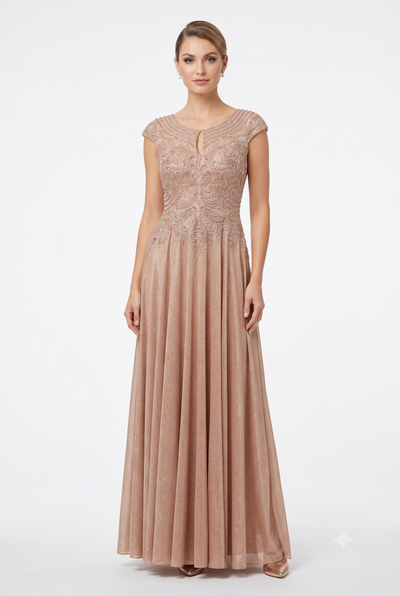 Beaded Lace Cap Sleeve Illusion Neckline Floor Length A-Line Formal Dress with by Ct-2706