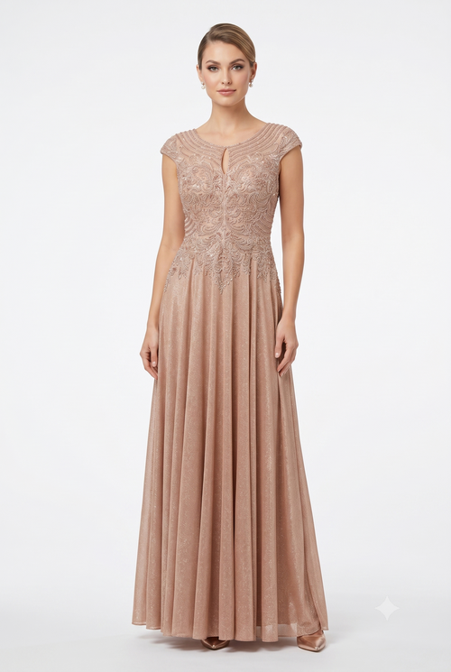 Beaded Lace Cap Sleeve Illusion Neckline Floor Length A-Line Formal Dress with by Ct-2706