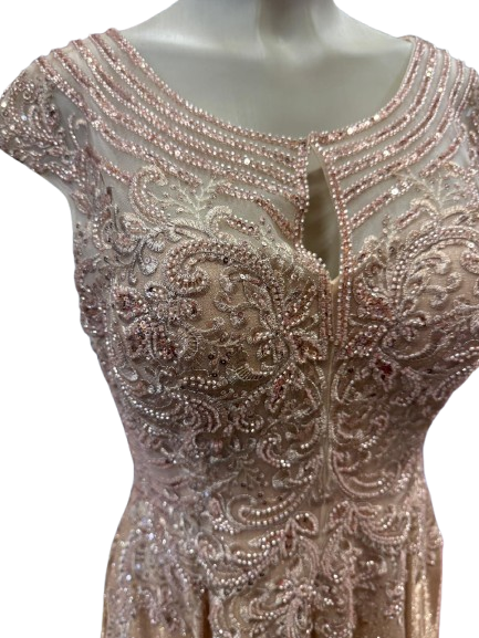 Beaded Lace Cap Sleeve Illusion Neckline Floor Length A-Line Formal Dress with by Ct-2706