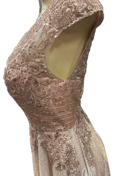 Beaded Lace Cap Sleeve Illusion Neckline Floor Length A-Line Formal Dress with by Ct-2706