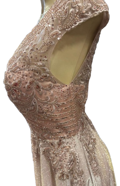 Beaded Lace Cap Sleeve Illusion Neckline Floor Length A-Line Formal Dress with by Ct-2706