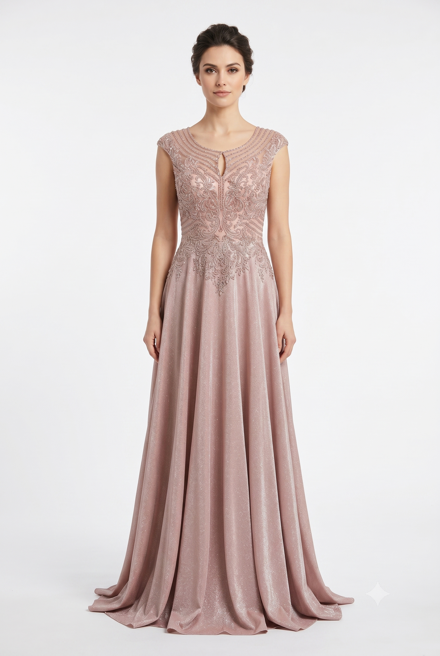 Beaded Lace Cap Sleeve Illusion Neckline Floor Length A-Line Formal Dress with by Ct-2706