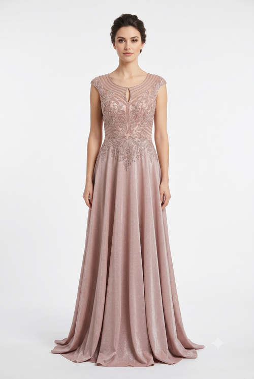 Beaded Lace Cap Sleeve Illusion Neckline Floor Length A-Line Formal Dress with by Ct-2706