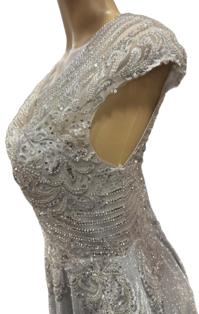 Beaded Lace Cap Sleeve Illusion Neckline Floor Length A-Line Formal Dress with by Ct-2706