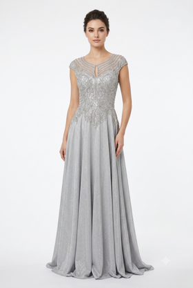 Beaded Lace Cap Sleeve Illusion Neckline Floor Length A-Line Formal Dress with by Ct-2706