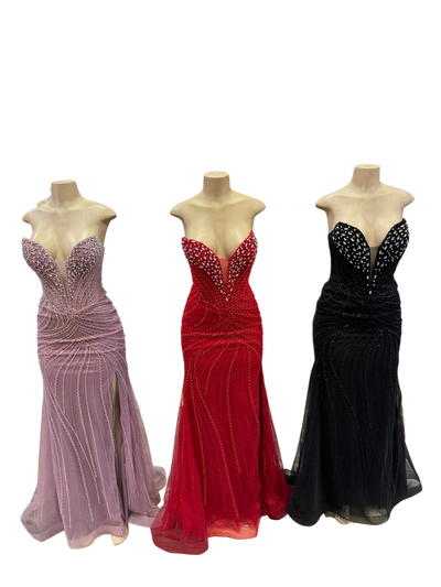 Beaded Mermaid Prom Dress Strapless Rhinestone & Pearl Long Formal Gown with Slit by CT-2710