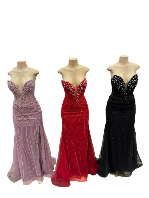 Beaded Mermaid Prom Dress Strapless Rhinestone & Pearl Long Formal Gown with Slit by CT-2710
