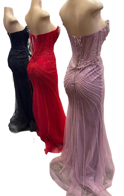 Beaded Mermaid Prom Dress Strapless Rhinestone & Pearl Long Formal Gown with Slit by CT-2710