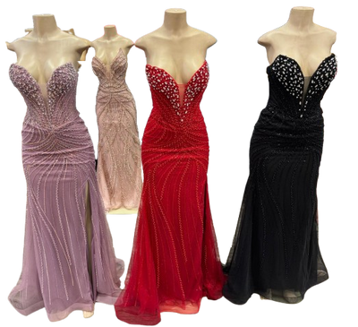 Beaded Mermaid Prom Dress Strapless Rhinestone & Pearl Long Formal Gown with Slit by CT-2710