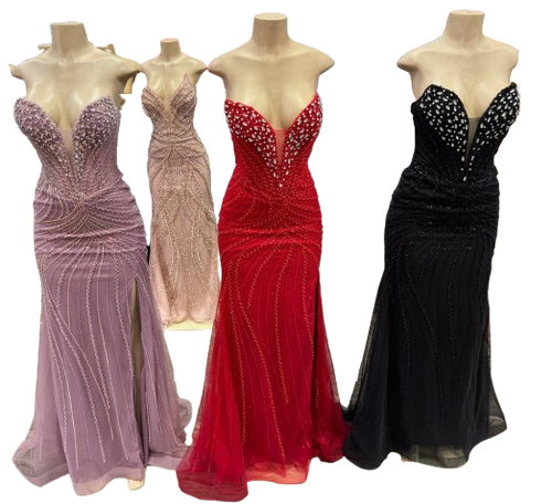Beaded Mermaid Prom Dress Strapless Rhinestone & Pearl Long Formal Gown with Slit by CT-2710