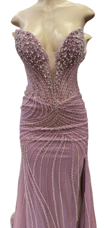 Beaded Mermaid Prom Dress Strapless Rhinestone & Pearl Long Formal Gown with Slit by CT-2710