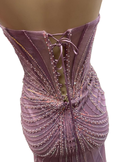 Beaded Mermaid Prom Dress Strapless Rhinestone & Pearl Long Formal Gown with Slit by CT-2710