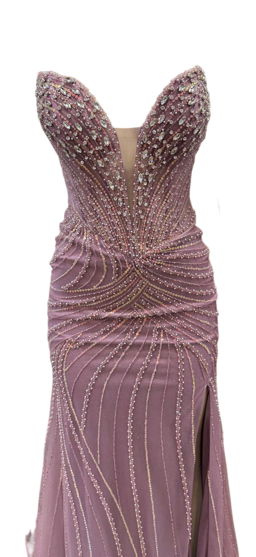 Beaded Mermaid Prom Dress Strapless Rhinestone & Pearl Long Formal Gown with Slit by CT-2710