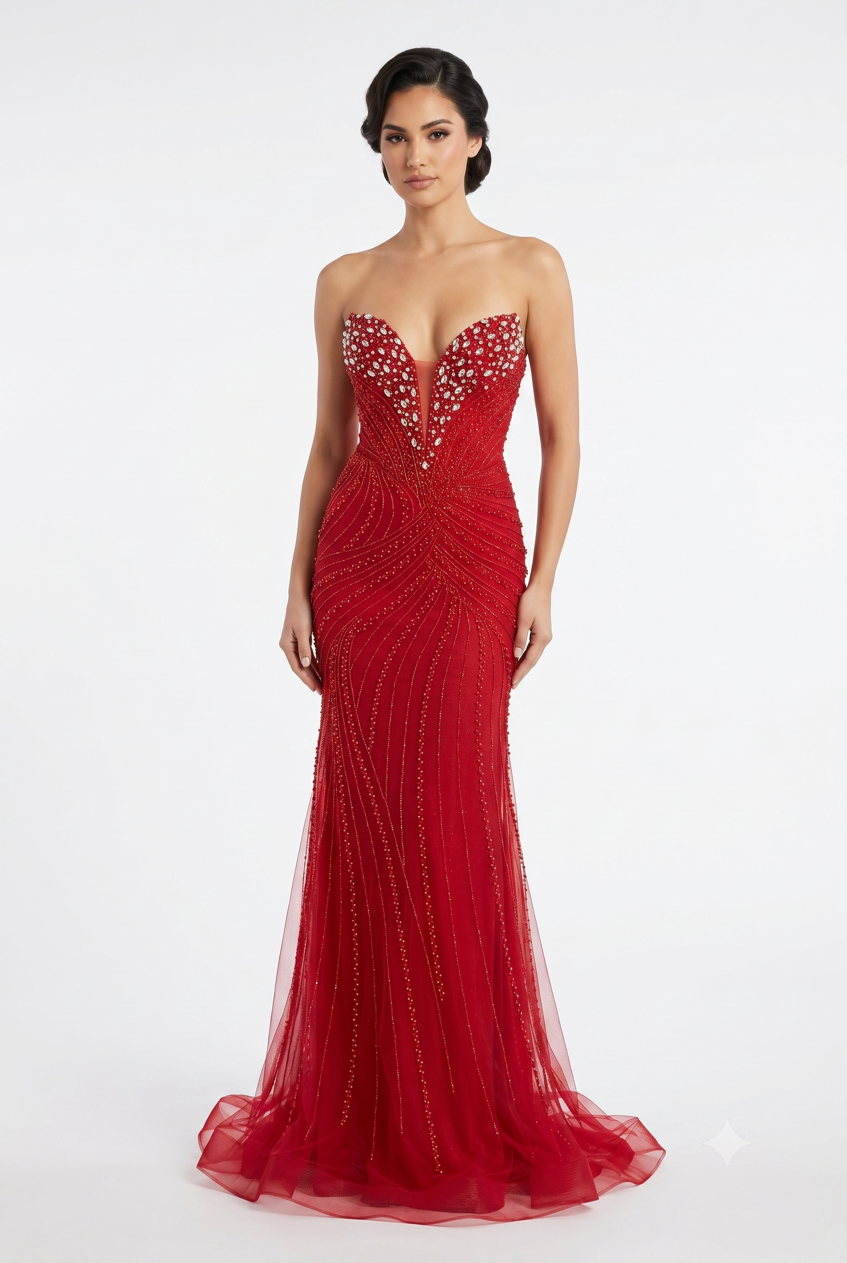 Beaded Mermaid Prom Dress Strapless Rhinestone & Pearl Long Formal Gown with Slit by CT-2710