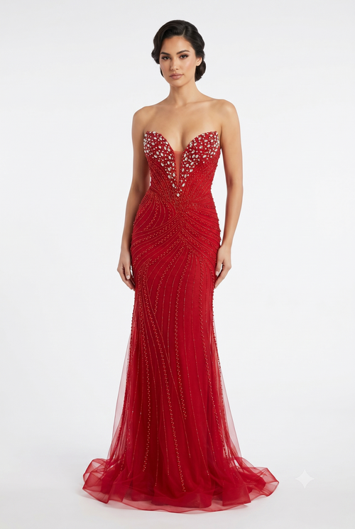 Beaded Mermaid Prom Dress Strapless Rhinestone & Pearl Long Formal Gown with Slit by CT-2710