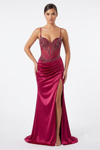 Sweetheart Beaded Corset Spaghetti Strap Lace-Up Back Mermaid Slit Satin Prom Dress by CT-2713