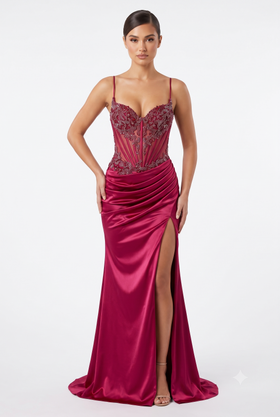 Sweetheart Beaded Corset Spaghetti Strap Lace-Up Back Mermaid Slit Satin Prom Dress by CT-2713