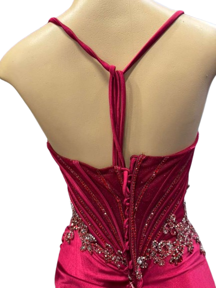 Sweetheart Beaded Corset Spaghetti Strap Lace-Up Back Mermaid Slit Satin Prom Dress by CT-2713