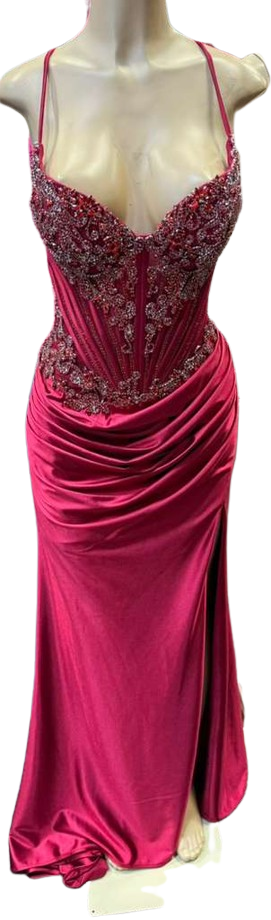Sweetheart Beaded Corset Spaghetti Strap Lace-Up Back Mermaid Slit Satin Prom Dress by CT-2713