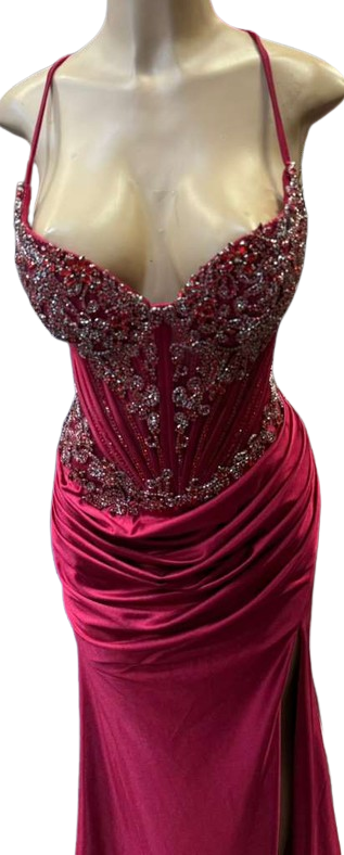 Sweetheart Beaded Corset Spaghetti Strap Lace-Up Back Mermaid Slit Satin Prom Dress by CT-2713