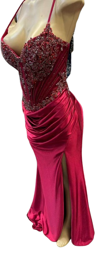 Sweetheart Beaded Corset Spaghetti Strap Lace-Up Back Mermaid Slit Satin Prom Dress by CT-2713