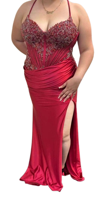 Sweetheart Beaded Corset Spaghetti Strap Lace-Up Back Mermaid Slit Satin Prom Dress by CT-2713