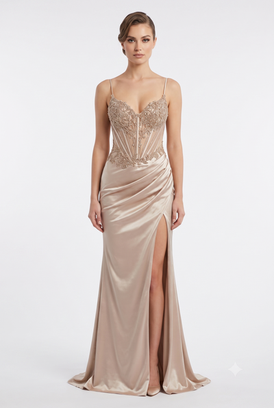 Sweetheart Beaded Corset Spaghetti Strap Lace-Up Back Mermaid Slit Satin Prom Dress by CT-2713
