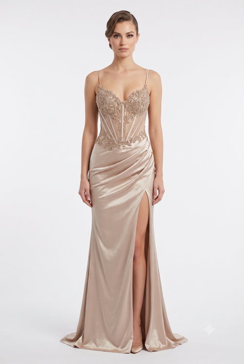 Sweetheart Beaded Corset Spaghetti Strap Lace-Up Back Mermaid Slit Satin Prom Dress by CT-2713